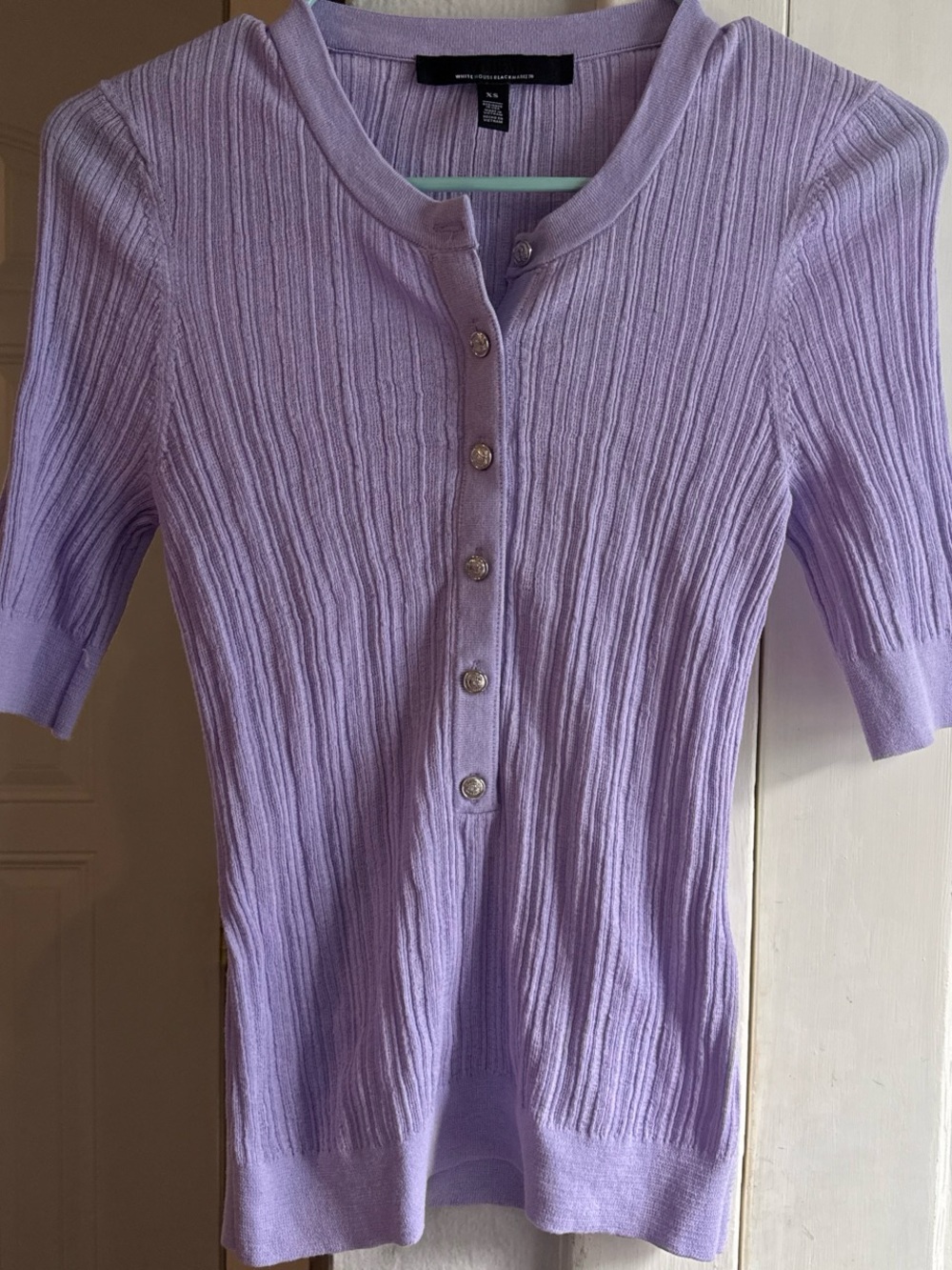 White House Black Market Soft Lavender Ribbed Button-Front Short Sleeve Sweater